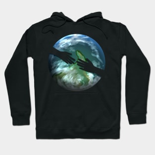 Two Reaching Hands In Front Of Earth Globe For Earth Day Hoodie